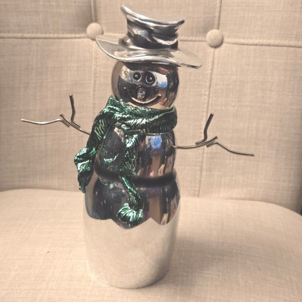 Vintage Polished Metal Snowman Figurine Green Scarf Top Hat 9 Inch